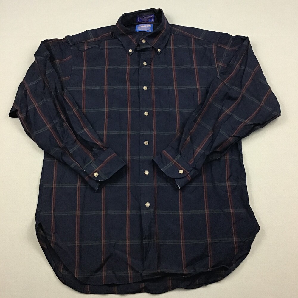 Vintage Sir Pendleton Shirt Men Medium Blue Plaid Button Up Virgin Wool USA *